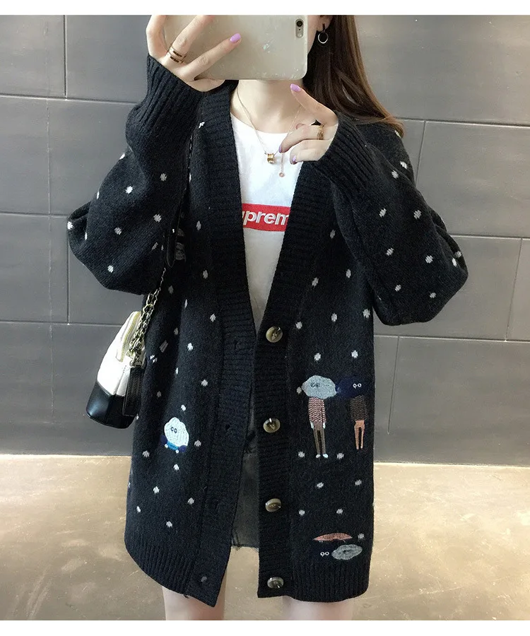 Женские свитера, осенняя зимняя верхняя одежда, свитер с v-образным вырезом, повседневный вязаный кардиган, мультяшная вышивка, длинный рукав, корейский Свободный кардиган