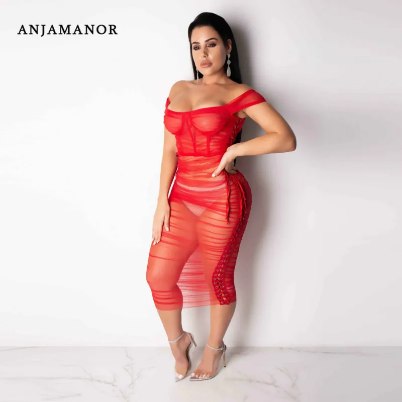 

ANJAMANOR Red Black Sheer Mesh Sexy Club Dresses Woman Party Night Ruched Off Shoulder Bodycon Bandage Long Dress Summer D35AC34