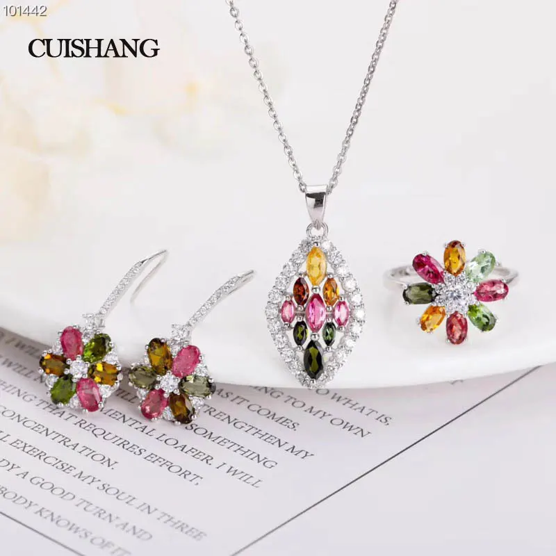 

CSJ new design Sets 925 Sterling Silver Natural Gemstone Multicolor Tourmaline Fine Jewelry Sets wedding Engagment for women
