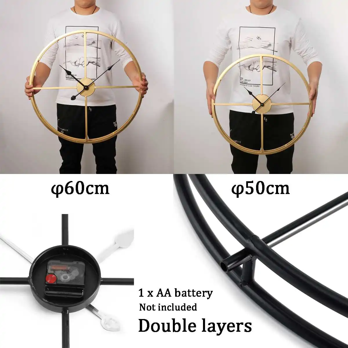 Северная Европа большой Винтаж металлические настенные часы с двойным Слои железный каркас Mute часы для дома для гостиной комнаты, отеля декора подарки 50/60 см