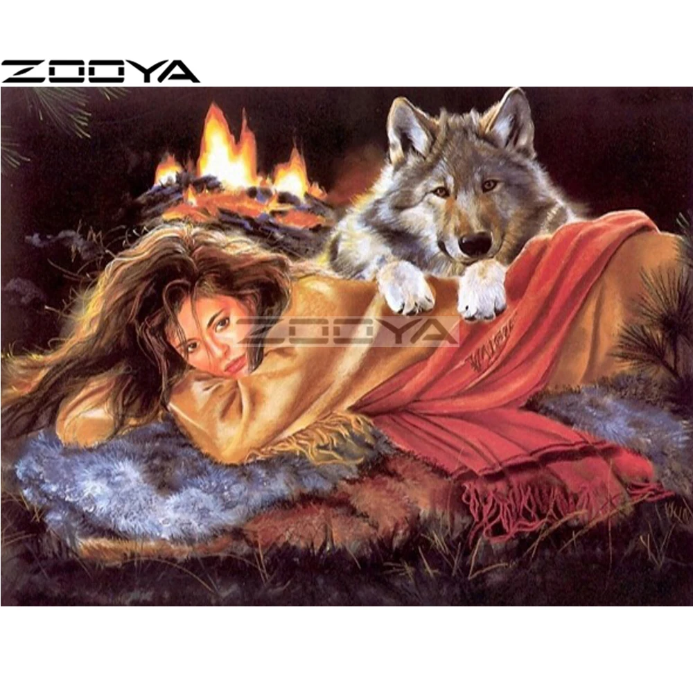 

ZOOYA Diamond Embroidery 5D DIY Round Diamond Painting Wall Sticker Pictures Of Rhinestone Cross-Stitch Kit Wolf Girl Fire R1635