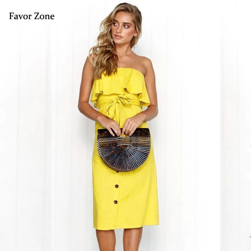 

New Off Shoulder Summer Dress Women Ruffles Strapless Evening Party Sexy Dress Button Sashes Bandage Beach Dresses Midi Sundress
