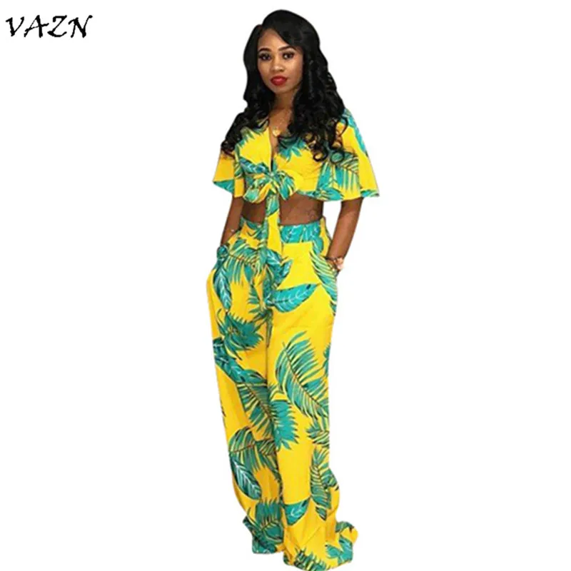 

VAZN Top Quality Novelty Design 2018 Sexy Beach Style 2 Piece Women Set Print V-Neck Short Sleeve Long Pant Bodycon Set DN8121