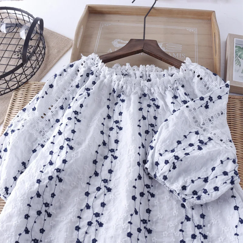 

Princess lace slash neck fresh embroidery half sleeve shirt blouse female 2019