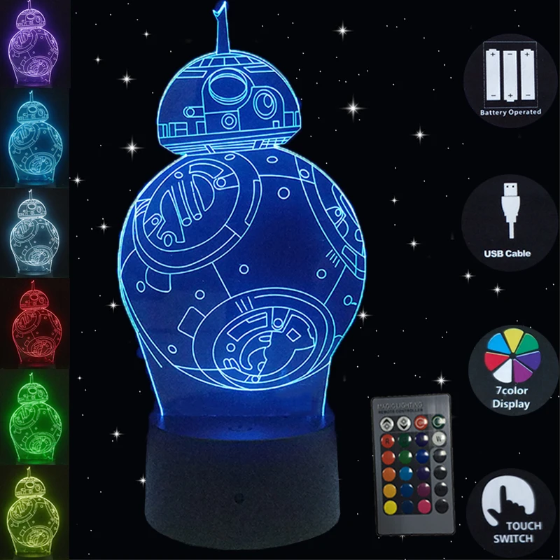 3D креативный светильник BB8 светодиодсветильник лампа с USB 7 цветов для спальни