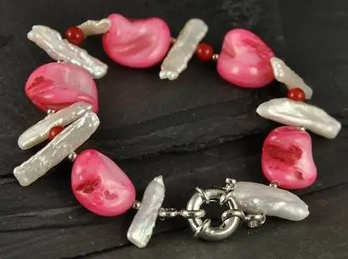 

White Biwa Pink Shell Red Coral Bead Bracelet 7.5inch Fashion Jewelry Wholesale New Free Shipping