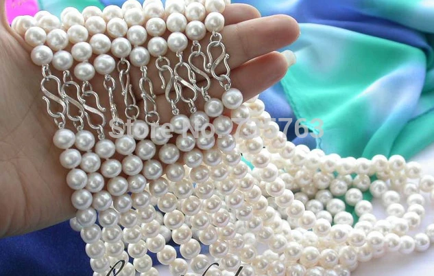

HOT N678 wholesale 10ST 9-10mm round white freshwater pearl necklace 925silver