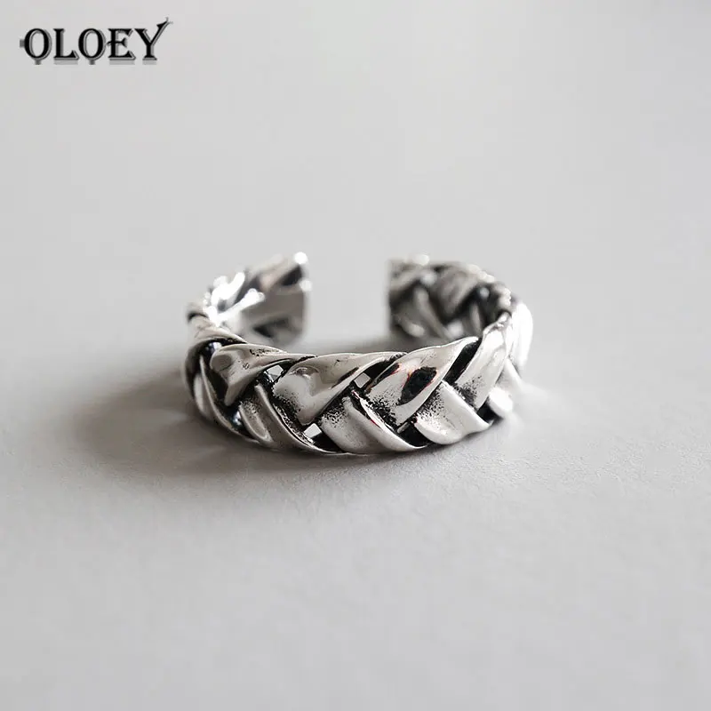 

YPAY Authentic 925 Sterling Silver Ring Retro Do the Old Braided CrossTwist Adjustable Open Rings For Women Fine Jewelry YMR623