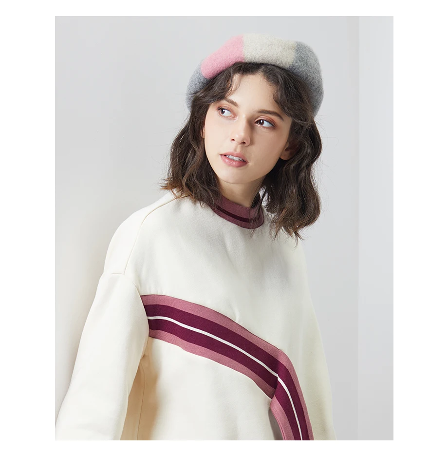 Winter Beret Female 2018 New 100% Cashmere Hats For Women Flat Cap Wool Knit Hats Lady Three-color Patchwork Berets Painter Hat  (9)