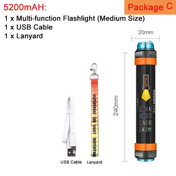 Светодиодный светильник для кемпинга, 7800 мА/ч, противомоскитная палатка, лампа с подзарядкой от USB, водонепроницаемый, многофункциональный фонарь, вспышка, подвесной светильник на магните - Мощность в ваттах: C