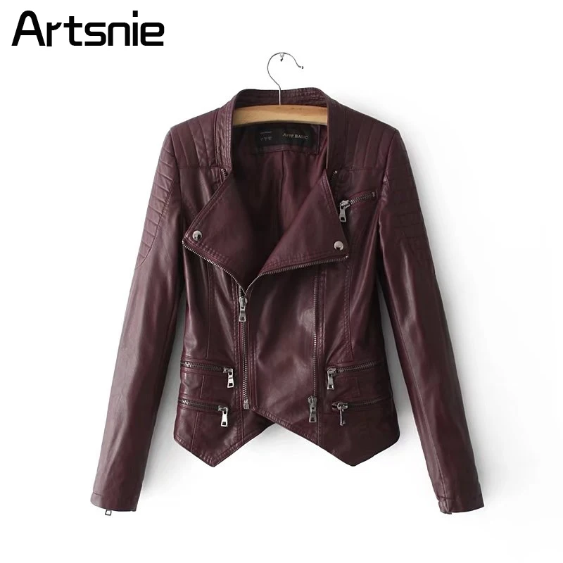 Asymmetric Wine Red Casual Leather Faux Jackets Women Long Sleeve