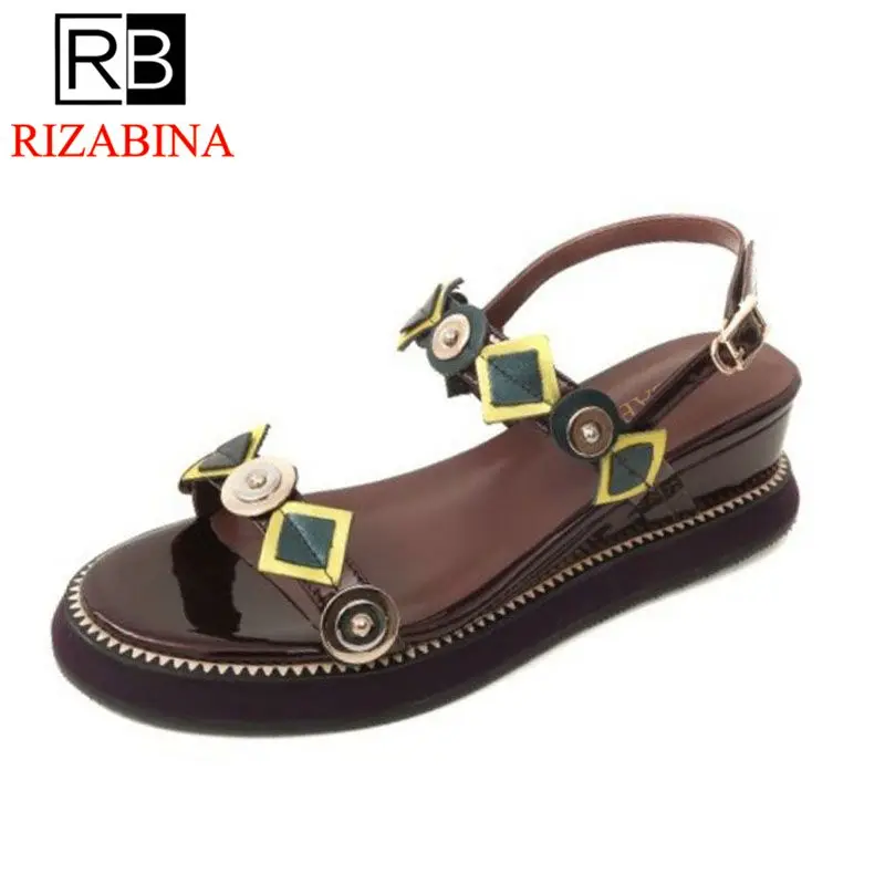 

RizaBina Women Sandals Wedges Buckle Open Toe Genuine Leather Ladies Shoes Geometric Fashion Vacation Daily Footwear Size 33-40