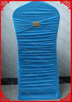 

NO.7 Lake Blue Ruffled Lycra Chair Covers With Lycra Band And Gold Diamond Mesh Buckle For Wedding Decoration & Party