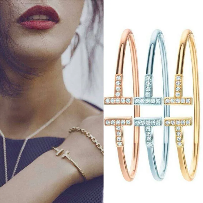 

Top Quality Stainless Steel Fashion Jewelry Zircon Inlay C Mesh Cuff Bracelets Bangles Double T Shaped Bangles For Women