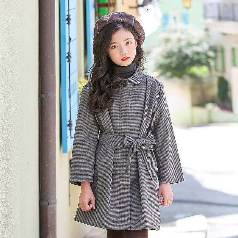 

Fashion 2019 Children Long Plaid Jackets For Teenage Girls Belt Single Breasted Cotton Trench Coat Kids Outerwear Tops Clothing