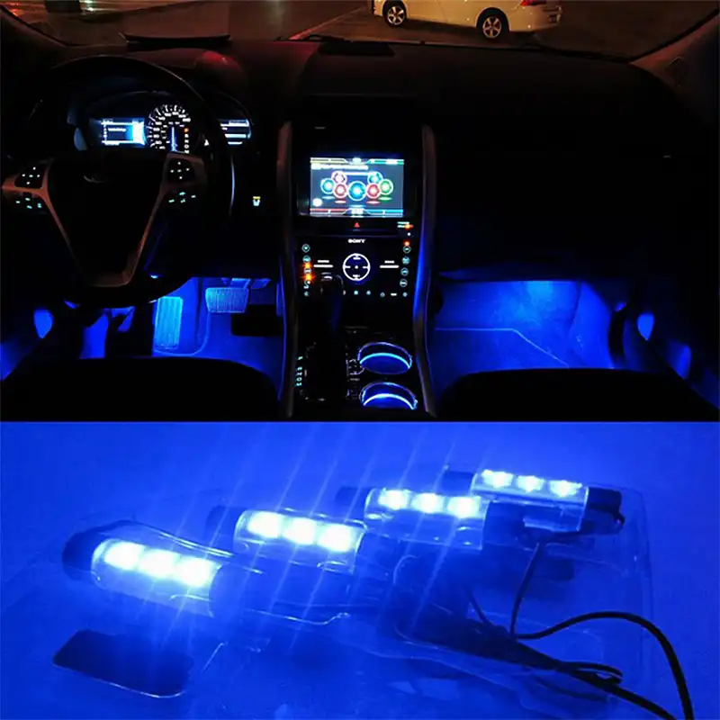 Leepee Universal Blue Car Atmosphere Lights Decorative Lamps 12v 4x3 Led Glow Auto Interior Light Source Accessories Decor