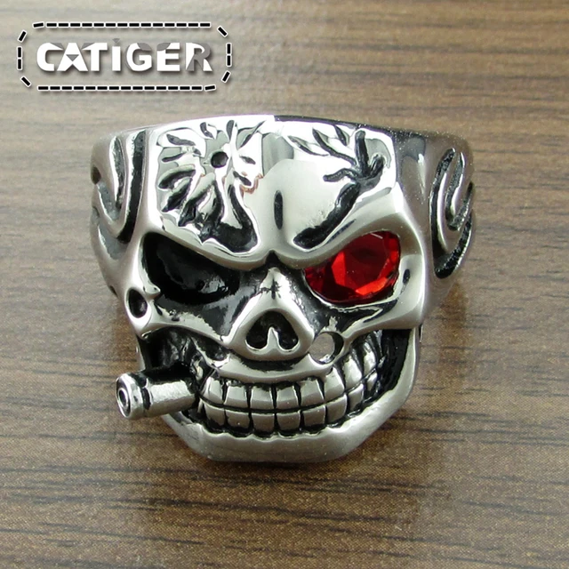 punk 316l stainless steel silver white and black color huge cz zircon crystal eye skull cigar