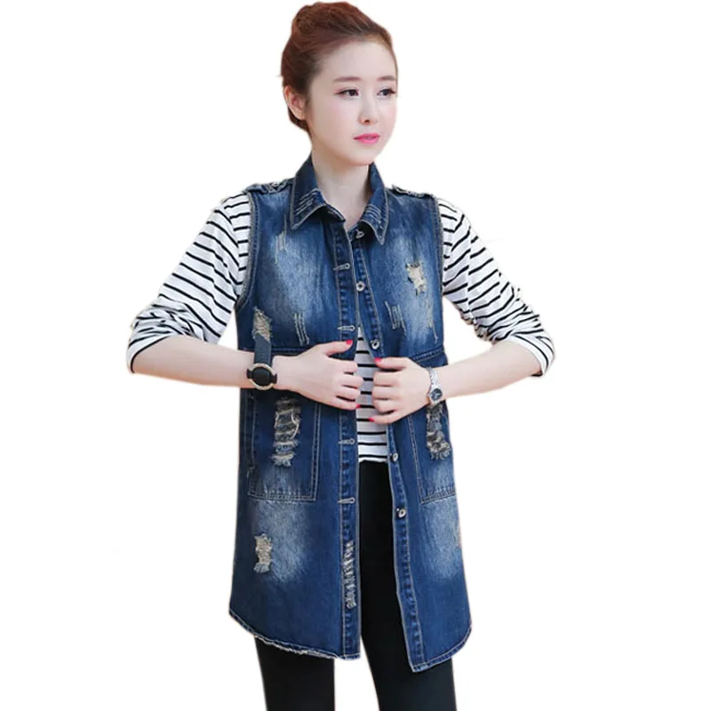 Fashion Hole Ripped Denim Vest Women Spring Autumn Turn Down Collar Sleeveless Jeans Waistcoat