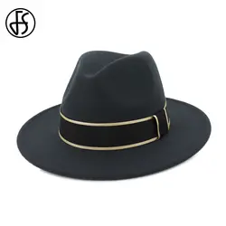 FS хлопковые серые черные шляпы для Для мужчин Wo Для мужчин s широкими полями фетровой шляпе Винтаж церкви Топ Jzz Кепки с ткань группа