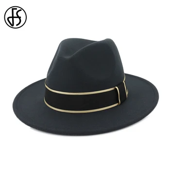 

FS Autumn Winter Fedora Hats For Men Womens Wide Brim Felt Church Hats With Weave Band Pink Blue