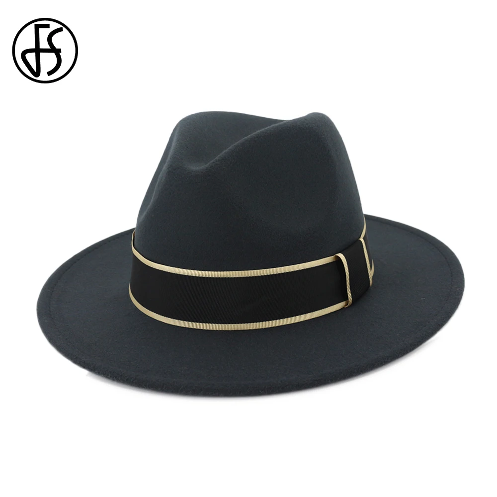FS Cotton Gray Black Fedora Hats For Men Womens Wide Brim Trilby Hat