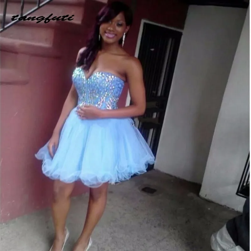 

Light Sky Blue Short Homecoming Dresses Sweetheart Crystals Ruffles A Line Tulle Corset Back Mini Party Gowns 2019 Party Dress