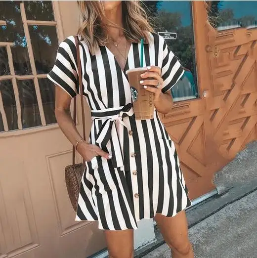 

4 Colors Women Short Sleeve Striped V Neck Dresses Loose Baggy Dress Holiday Beach Sundress Female Ladies Mini Dress 2019 NEW