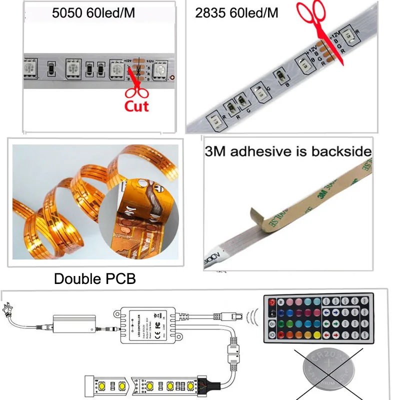 RGB Светодиодные ленты light 5050 2835 60 светодиодный/м гибкий Декор лампы Тира лента диода Водонепроницаемый контроллер 12 В адаптер Комплект год