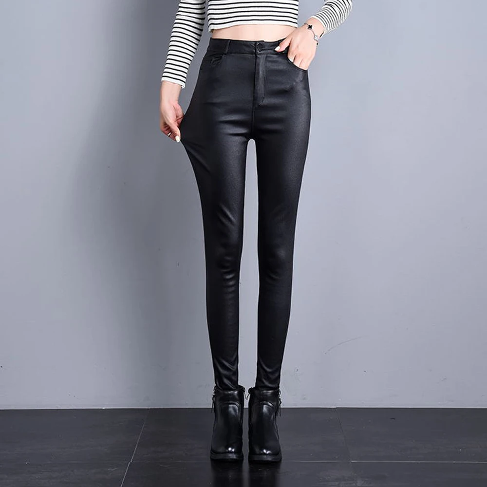 

New 2019 Autumn Women's High Waist PU Leather Pants Female Winter Stretch Leggings Casual Pencil Pants Trousers Pantalon Femme