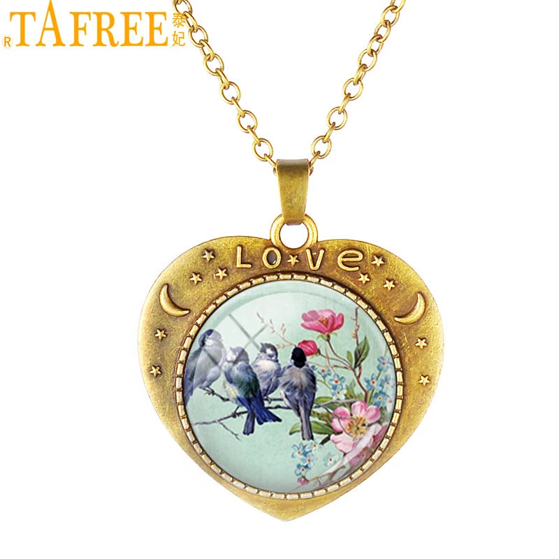 

TAFREE Christmas Necklaces For Women Hummingbird Parrot Birds Peacock Animal Jewelry Vintage Heart Shape Lovers New Year Gift