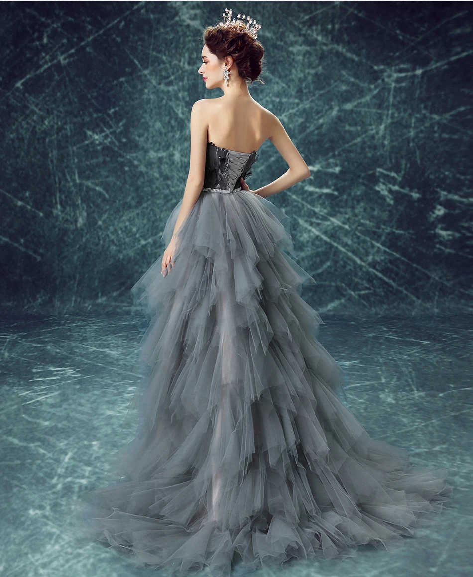 Реальное изображение, вечерние платья с перьями, серое короткое спереди длинное сзади вечернее платье для выпускного вечера, vestido de festa largos