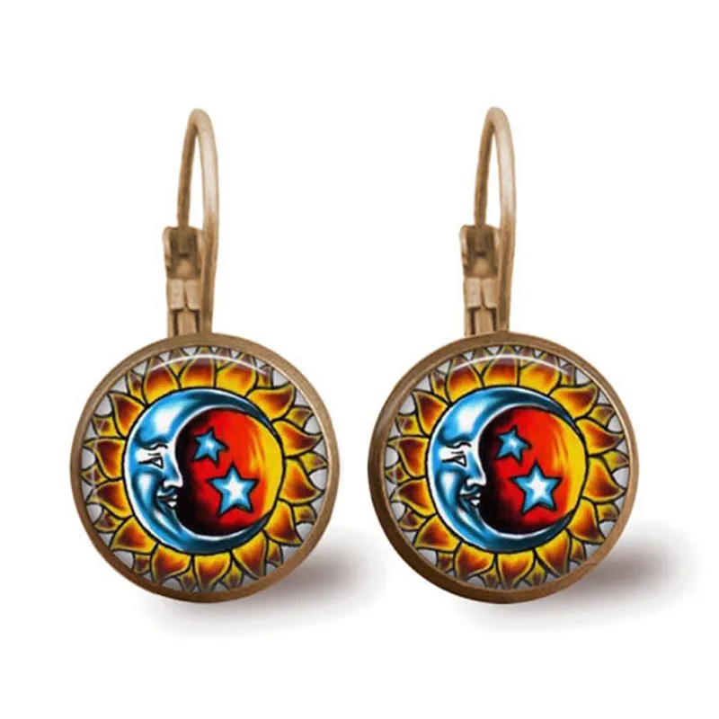 Sun and Moon Glass Dome Cabochon Drop Dangle Earrings Fashion Retro