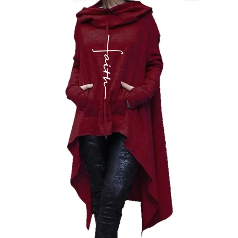 2019 Fall Gothic Plus Size Black Casual Women Long Hoodies Loose Hooded Pocket Print Gray Tops Office Ladies Female Sweatshirts