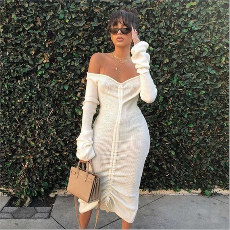 

Paris Girl Front Drawstring Dresses Women White Slash Neck Long Sleeve Club Party Dress Autumn Winter Off Shoulder Maxi Dress