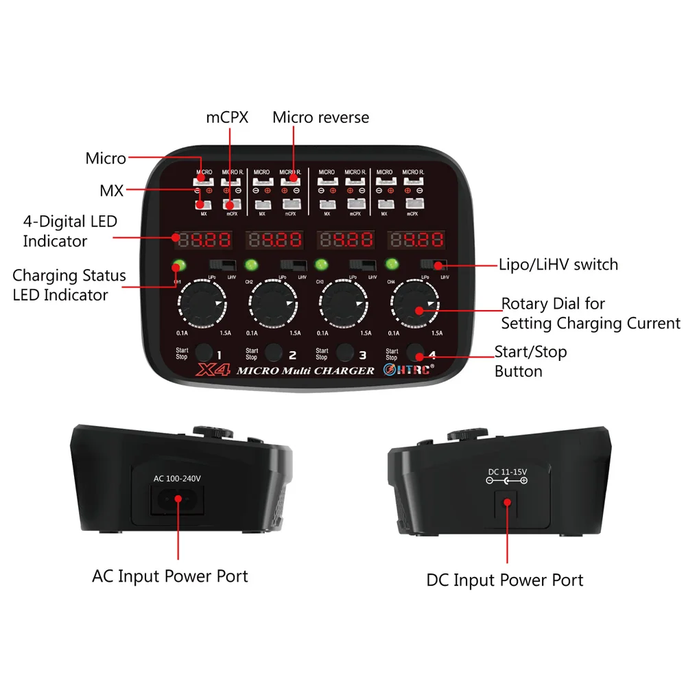 HTRC X4 микро зарядное устройство AC DC 4x1s Quattro 100-240V 24W 1.5A Lipo/Lihv светодиодный многозвуковой звуковой индикатор зарядное устройство