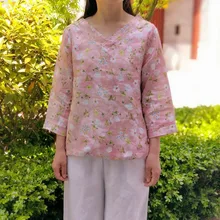 Розовые зеленые женские футболки из чистого льна с принтом, Национальный винтажный стиль, короткий рукав, v-образный вырез, свободный женский топ, лето