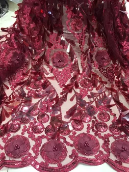 

French Lace With Big Sequin Style With Beads 2018 3D Applique African Tulle Net Lace Fabric For Wedding Dress TS7343