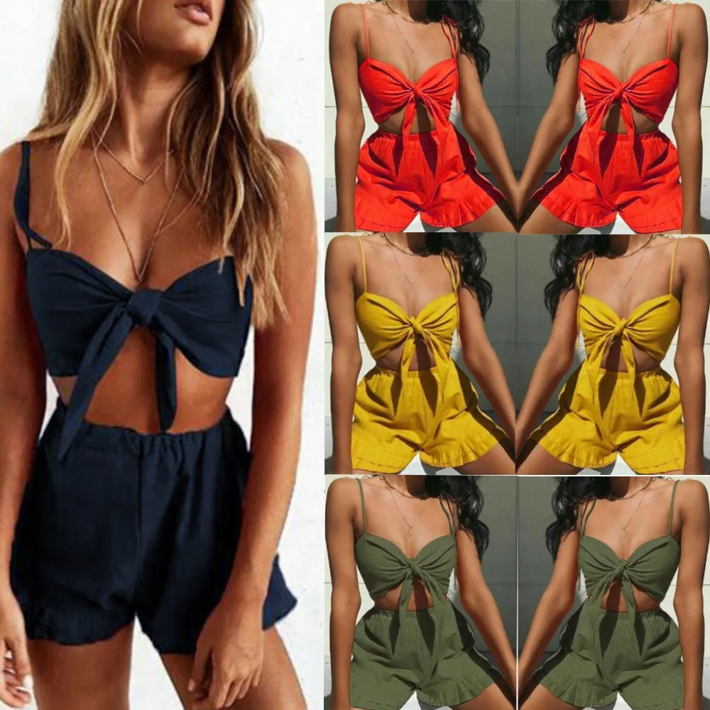 

New Arrival Women Sexy Beach Party Festival Club Outfits Fashion Solid Color Strap Shirt Shorts Two-Piece Matching Set 2019 X1