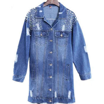 

new bead Denim Jackets Women Hole Long Sleeve Vintage Jean jacket Loose Denim Coat