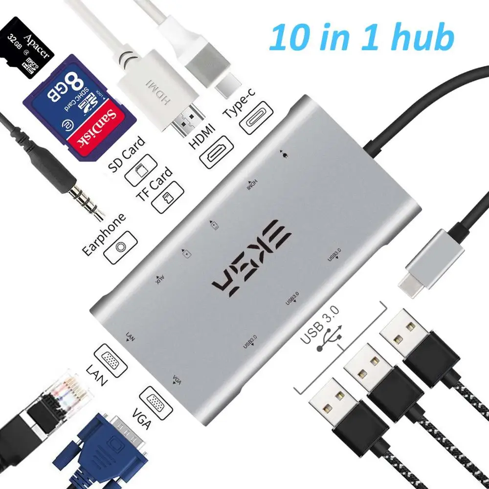 EKSA концентратор USB Type C к HDMI/RJ45 Gigabit Ethernet/VGA/кард-ридер/Thunderbolt 3 адаптер для Macbook huawei P20 Pro USB 3,0 концентратор - Цвет: 10 in 1