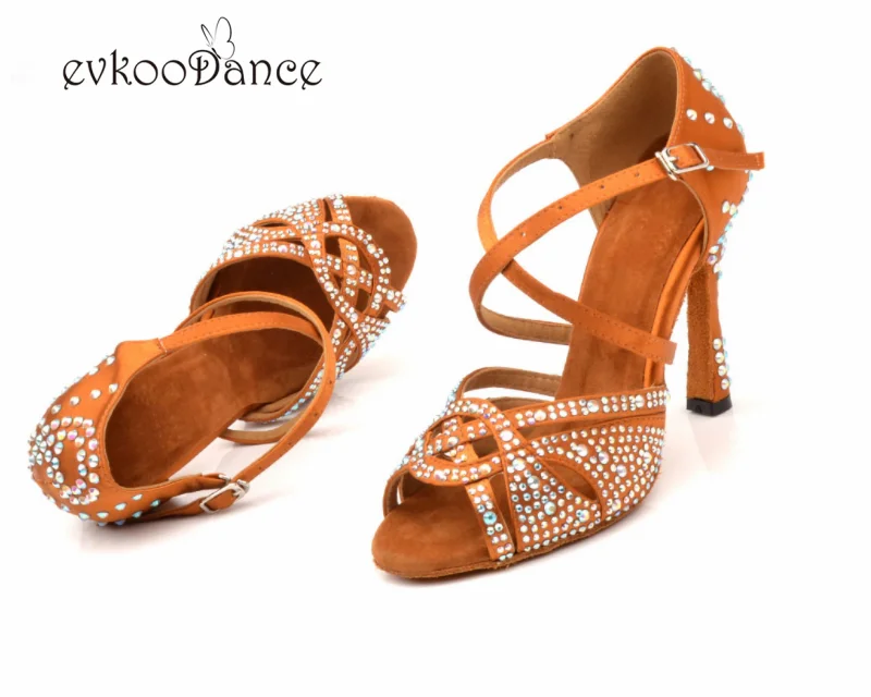 АТ Танцы Профессиональный коричневого цвета с Стразы Обувь для танцев обувь на каблуке 10 см; Zapatos De Baile Latino Mujer Размеры свяжитесь с нами на возраст от 4 до 12 лет для Для женщин Evkoo-558