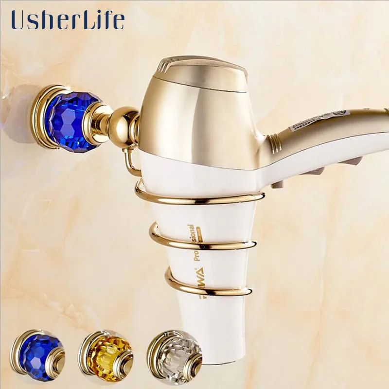 Bathroom Hair Dryer Holder Gold Wall Mounted Rack Crystal Organizer Usherlife Stand Shelf gold finish brass bathroom hair dryer holder wall mounted