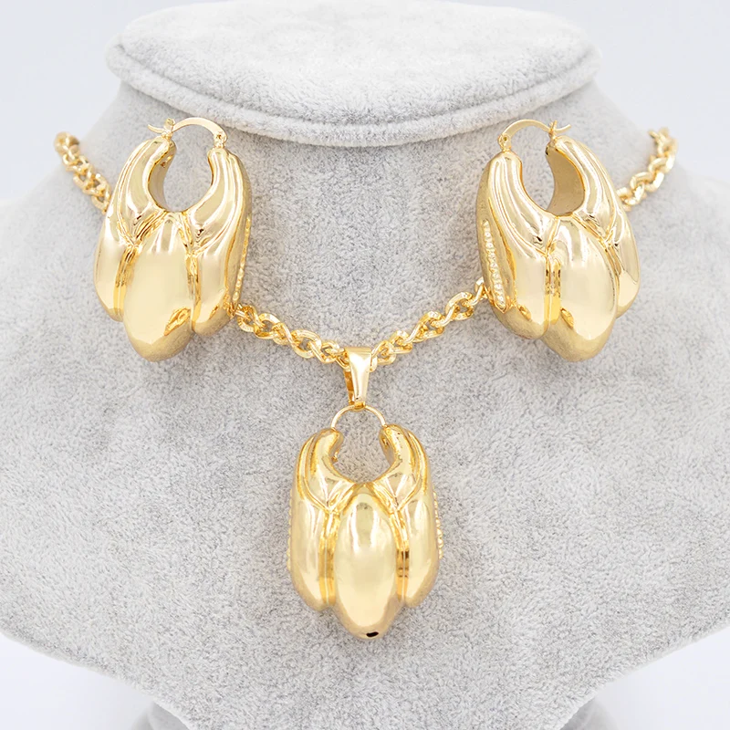 Sunny Jewelry Big Hoop Earrings Pendant Necklace Women Dubai Unique Hoop Jewelry Sets Copper Plant Eggplant For Party Wedding