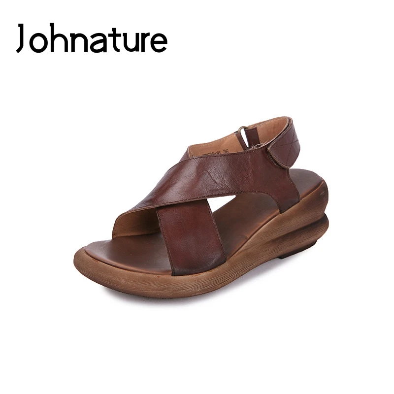 

Johnature 2019 New Summer Genuine Leather Retro Women Shoes Casual Hook & Loop Platform Sandals