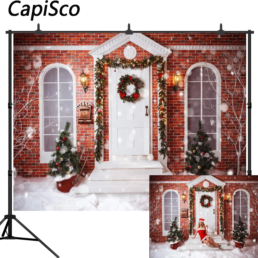 

Capisco Photography Backdrop Christmas tree Snow Winter House Wreath Red brick wall Children Backgrounds for Photo Studio