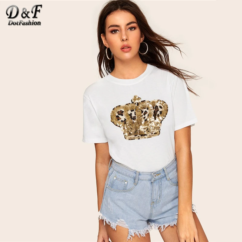 

Dotfashion White Contrast Sequin Leopard Patched Tee Summer Tops For Women Clothes 2019 Casual Short Sleeve Fashion T-Shirt