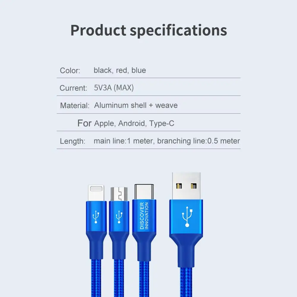 NILLKIN Swift 3 в 1 кабель 5 В 3 а кабель для быстрой зарядки с 3 разъемами для зарядки вместе для iphone lighting+ type C+ Micro USB
