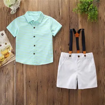 

Summer Europe and the United States tide children's clothing boy green shirt + white bib two-piece suit
