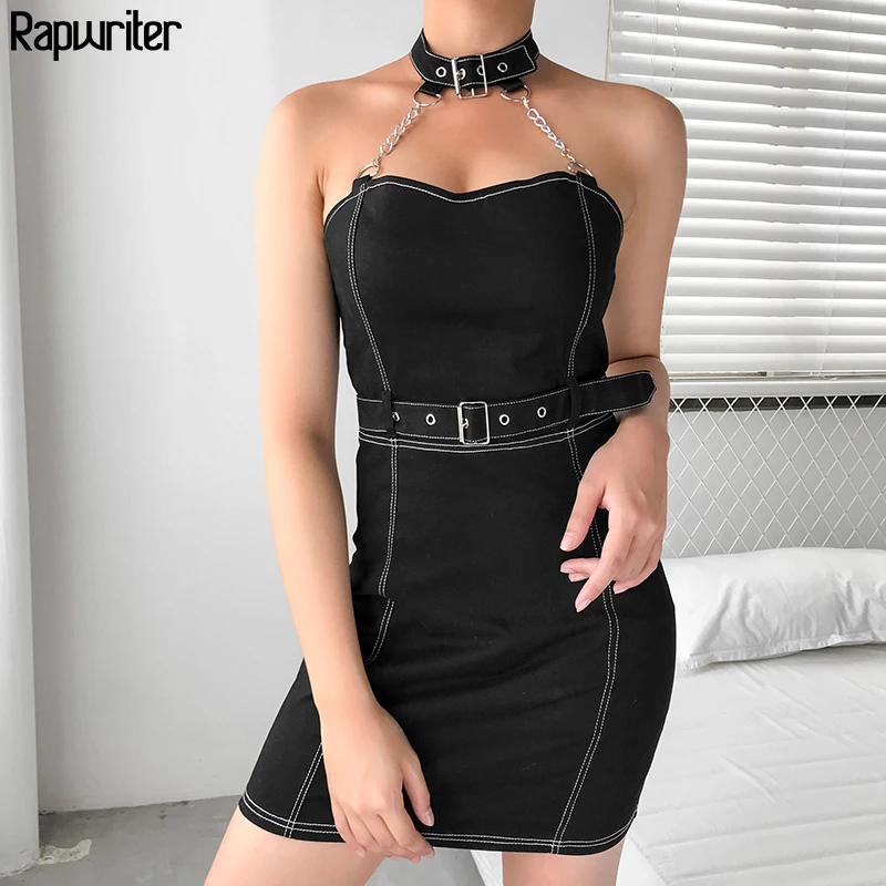 

Rapwriter Sexy Off Shoulder Punk Metal Chain Cotton Strapless Choker Dress Women 2019 New Adjustable Belt Sexy Mini Dress Black