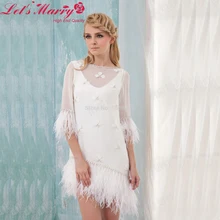 RC34 Echt Sexy Mantel O Ansatz Halbe Hülse Straußenfedern Perlen Cocktailkleid prom Kurze Geburtstag Heimkehr